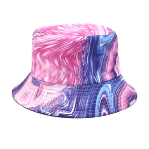 Detail of pink and blue marble tie-dye pattern on a lightweight bucket hat crown