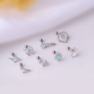 Set of 8 silver titanium steel cartilage studs with moon and star zircon accents