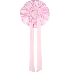 Pink satin sleep cap with long adjustable elastic straps for hair care and comfort