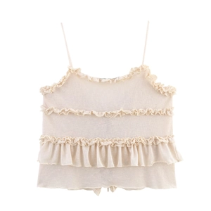 Elegant beige ruffled knit crop top camisole with thin straps on white background