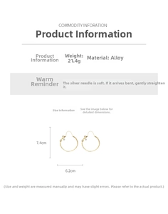 Detail view of gold hoop earrings with leaf design and dimensions 7.4cm by 6.2cm