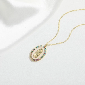 Vintage 18K gold plated oval necklace with Guadalupe pendant and colorful crystals