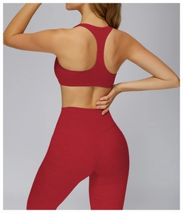 Rear view of dark red racerback sports bra and high-waist yoga leggings set