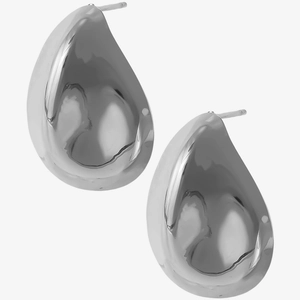 Close-up of high-polish silver 304 stainless steel teardrop earrings on white background