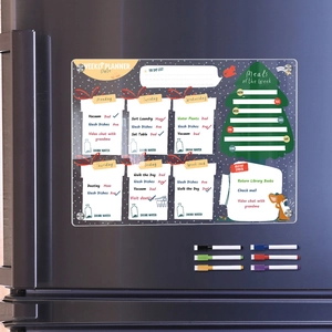 Acrylic weekly planner for fridge with 8 markers and festive Christmas pattern design