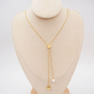 Women Adjustable Y Necklace Gold Plated Titanium Steel Copper Heart Pendant Freshwater Pearl Lariat Elegant