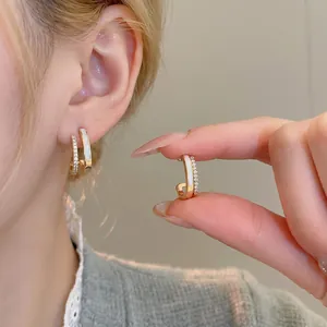 Double Layer C Shape Stud Earrings With 925 Sterling Silver Earring Post Copper Gold Plated Zircon Vintage Fashion Jewelry