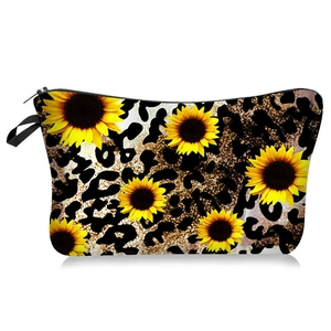 Trousse de toilette portable avec motif tournesol et léopard, fermeture éclair et dragonne