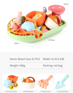 Detailed view of 21-piece macaron sand toy set with precise dimensions for each item