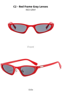 Front and side views of red cat eye sunglasses with gray lenses and silver rivets