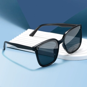 Classic large black frame sunglasses with dark grey lenses on a blue aesthetic background
