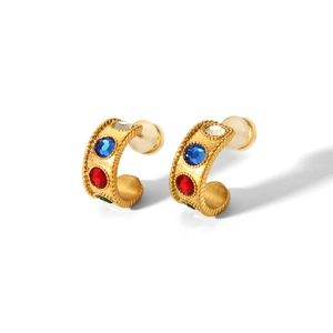 Vintage 18K gold-plated C-shape stainless steel earrings with multi-colored crystals