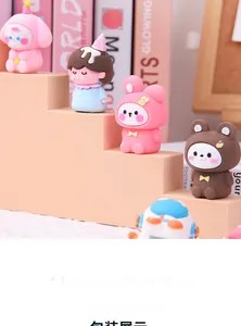 Detail show of cute macaron-colored cartoon pencil sharpeners with bunny and bear characters