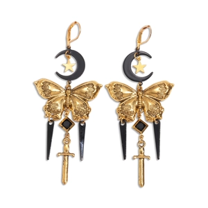 Retro gold and black star moon butterfly dangle earrings with sword and gemstone charms