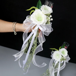 Wedding Wine Glass Decoration Flowers Artificial Satin Rose With Organza Ribbon Long Streamer Elegant Toasting Ceremony Decor