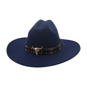 Close-up of navy blue wool felt cowboy hat with vintage silver bull head buckle detail