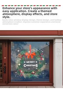 Close-up of Merry Christmas wreath window sticker with holly leaves and red berries