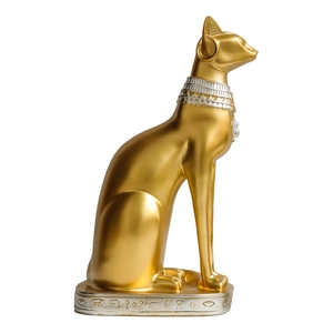 Elegant gold Egyptian Bastet cat statue with silver collar for living room decor