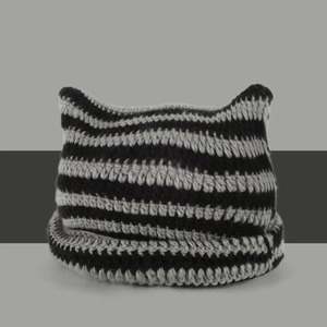 Striped Cat Ear Knitted Beanie Hat Warm Crochet Devil Ears Y2K Cute Kawaii Pullover Winter Cap For Women Girls