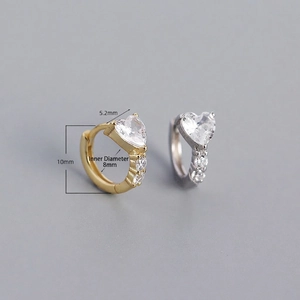S925 silver heart cubic zirconia hoop earrings with dimensions shown in gold and silver