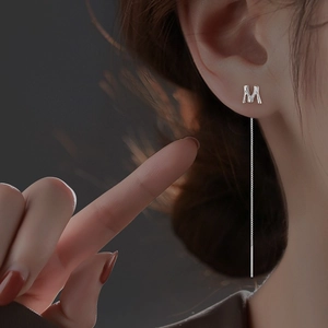 Elegant silver letter M drop earrings with long chain ear threader for women