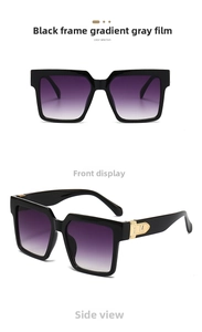Detail of square oversized sunglasses with gold M-logo metal accents on temple