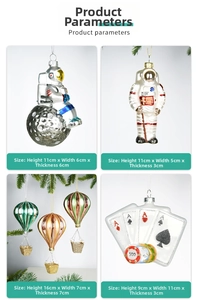 Detail view of festive glass ornaments including astronaut, hot air balloon and poker icons