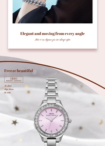 Detail of silver steel watch with zircon bezel and pink dial, plus matching chain bracelet