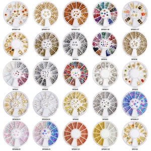 Nail art decoration set with 25 diverse styles of metal studs and colorful rhinestones