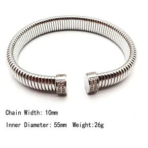 Detail of 10mm wide stainless steel cuff bracelet with sparkling zircon accents