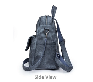 Seitenansicht des graublauen Vintage-Leinenrucksacks mit verstellbaren Trägern und Schnallen