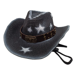 Black straw cowboy hat with longhorn metal buckle and studded leather band for outdoors