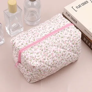 Detail showing pink floral quilted cosmetic bag with zipper and soft flower pattern