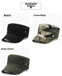 Detailed view of military caps in black, camouflage, and army green with metal eyelets