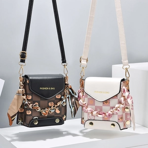 Mini crossbody phone bag with checkered pattern and metallic chain for women