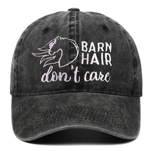 Distressed black baseball cap featuring Barn Hair Don't Care embroidery and horse silhouette