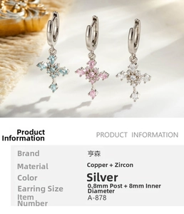 Detailed specs of cross hoop earrings featuring zircon inlays and copper material