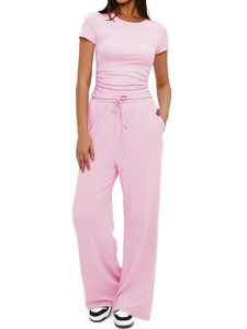 Ensemble décontracté t-shirt rose à manches courtes et pantalon large à cordon
