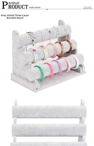 Detailed macro view of gray velvet 3-tier jewelry stand for bracelets and watches