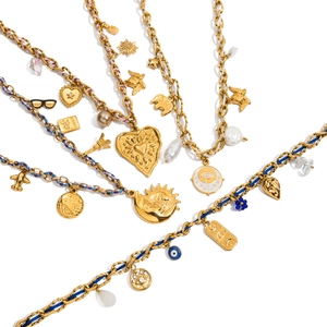 Colliers en acier doré avec cordes colorées et pendentifs de cœur, soleil et œil maléfique