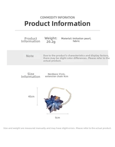 Size chart showing blue mesh flower pearl choker necklace dimensions and weight details