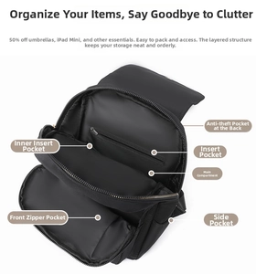 Detail view of large capacity black oxford backpack with multi-layer interior compartments