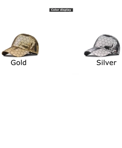 Detail of metallic gold and silver baseball caps with embossed hexagonal honeycomb texture