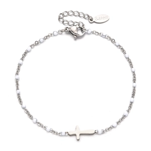 Detail of silver stainless steel cross bracelet with white beads and lobster clasp closure