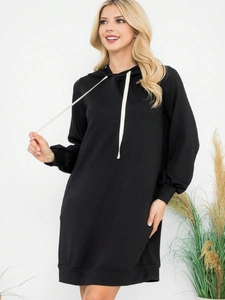 Women Loose Hoodie Dress Polyester Cotton Long Sleeve Drawstring Hooded Sweatshirt Oversized Midi Length Casual Solid Color