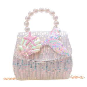Girl's mermaid pearl handbag with iridescent sequins, starfish, and golden chain strap
