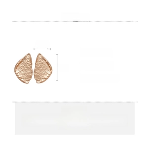 Detail view of irregular rose gold leaf earrings with textured alloy and size specs