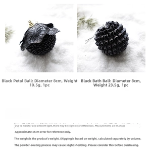 Detail of 8cm black glitter foam Christmas balls with petal and textured mesh surface