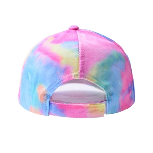 Back view of colorful tie-dye baseball cap with adjustable strap and vibrant patterns