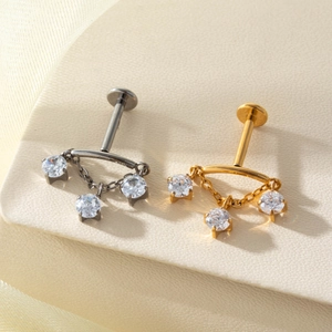 F136 titanium piercing stud with zircon chain fringe for cartilage and lip
